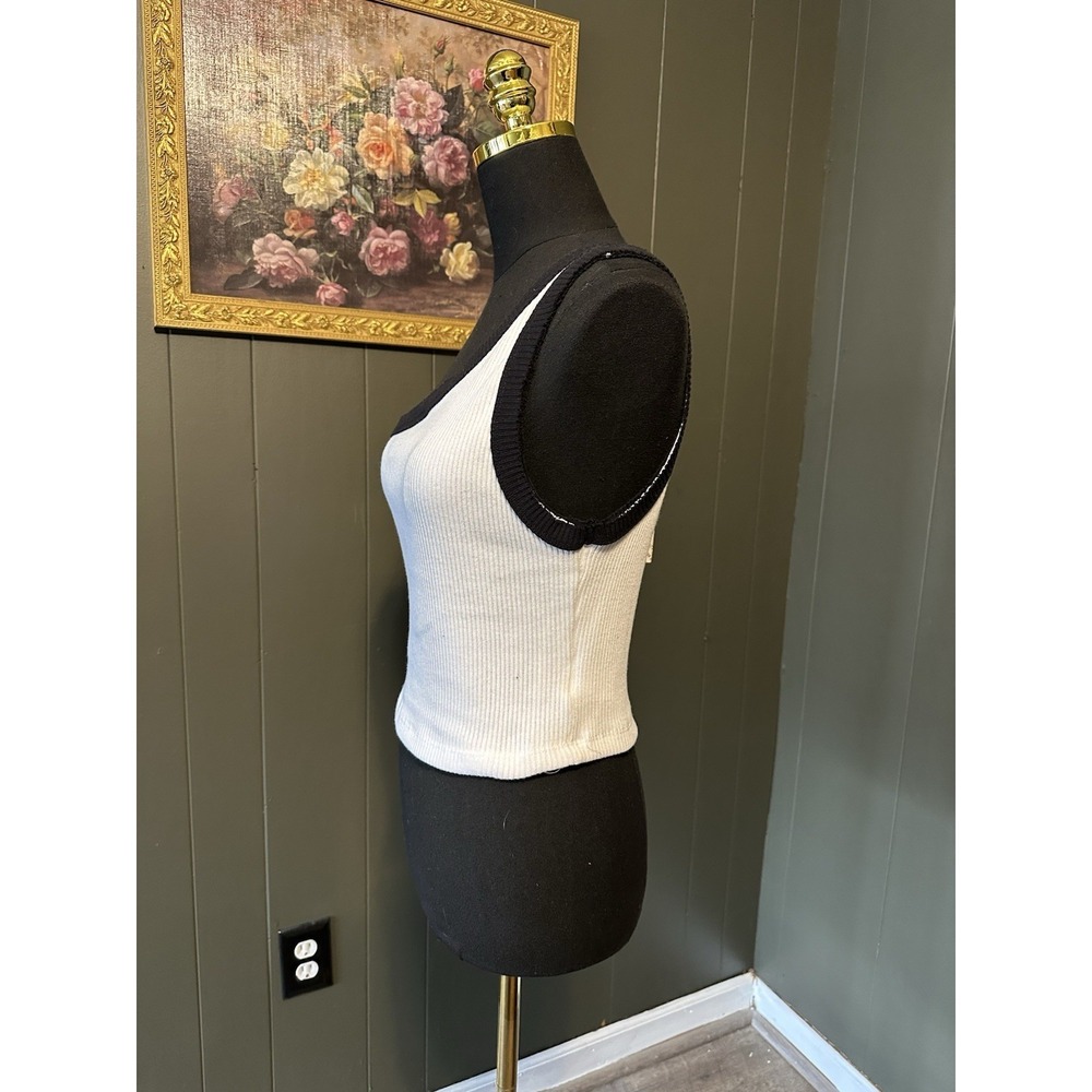 NWT Urban Outfitters One Shoulder Tank Top‎ White Black Ringer Ribbed L Large - Picture 2 of 8